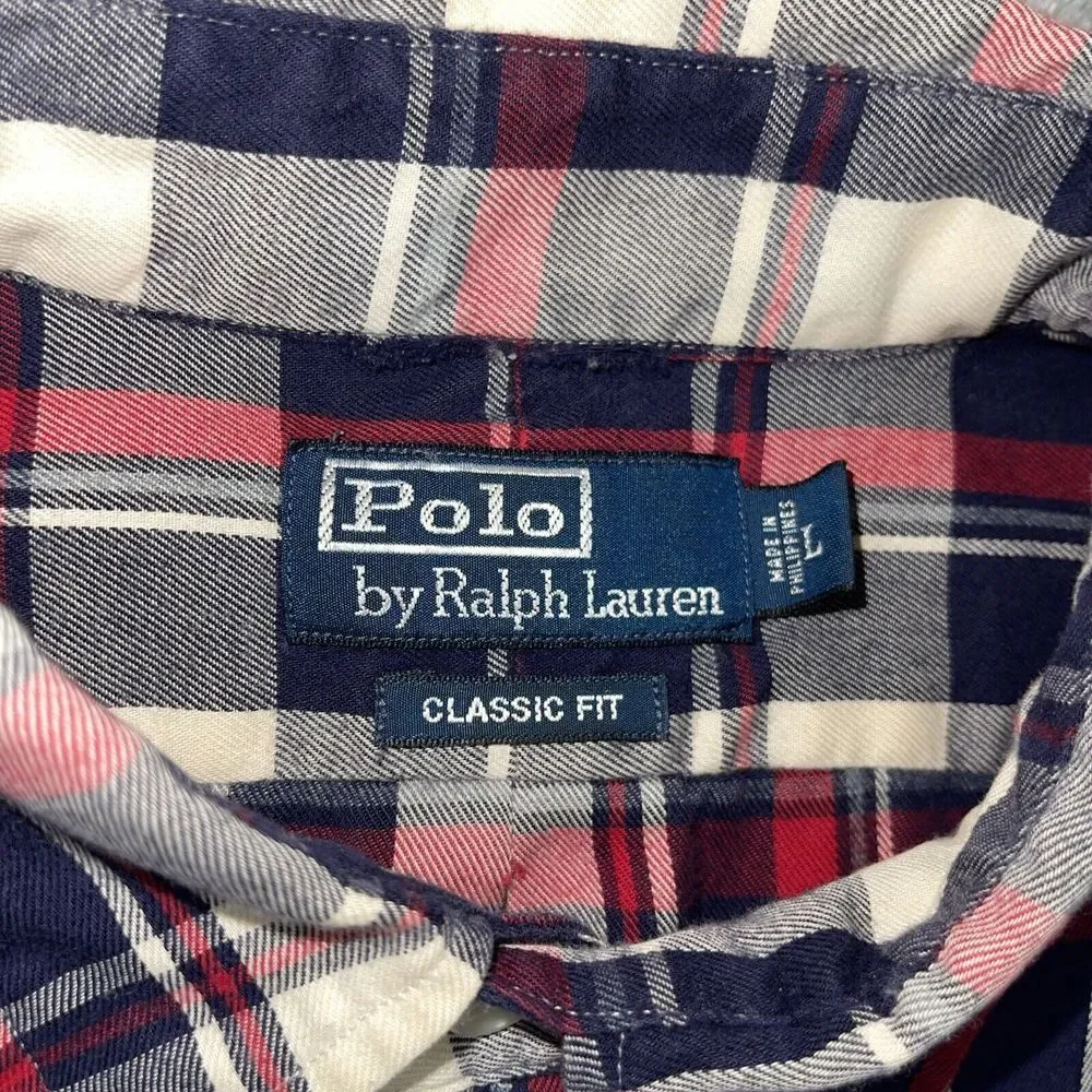 Vintage Ralph Lauren Shirt‎ Mens Large Red White  Blue Tartan Plaid Button Up